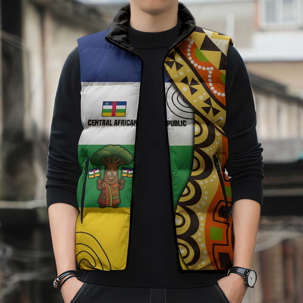 Central African Republic Sleeveless Puffer Jacket with Cartoon Baobab Design and Flag Pattern - Wonder Print Shop