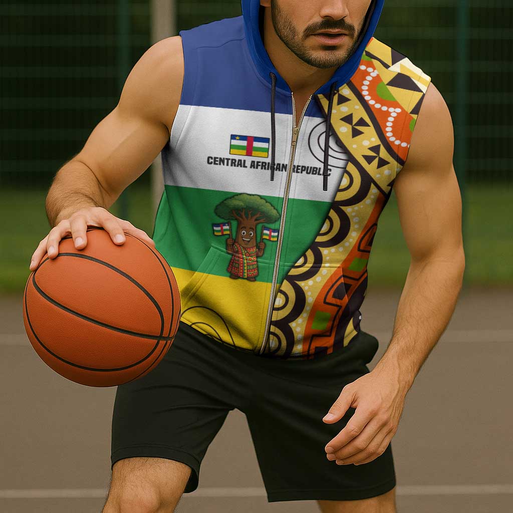 Central African Republic Sleeveless Zip Hoodie with Cartoon Baobab Design and Flag Pattern - Wonder Print Shop