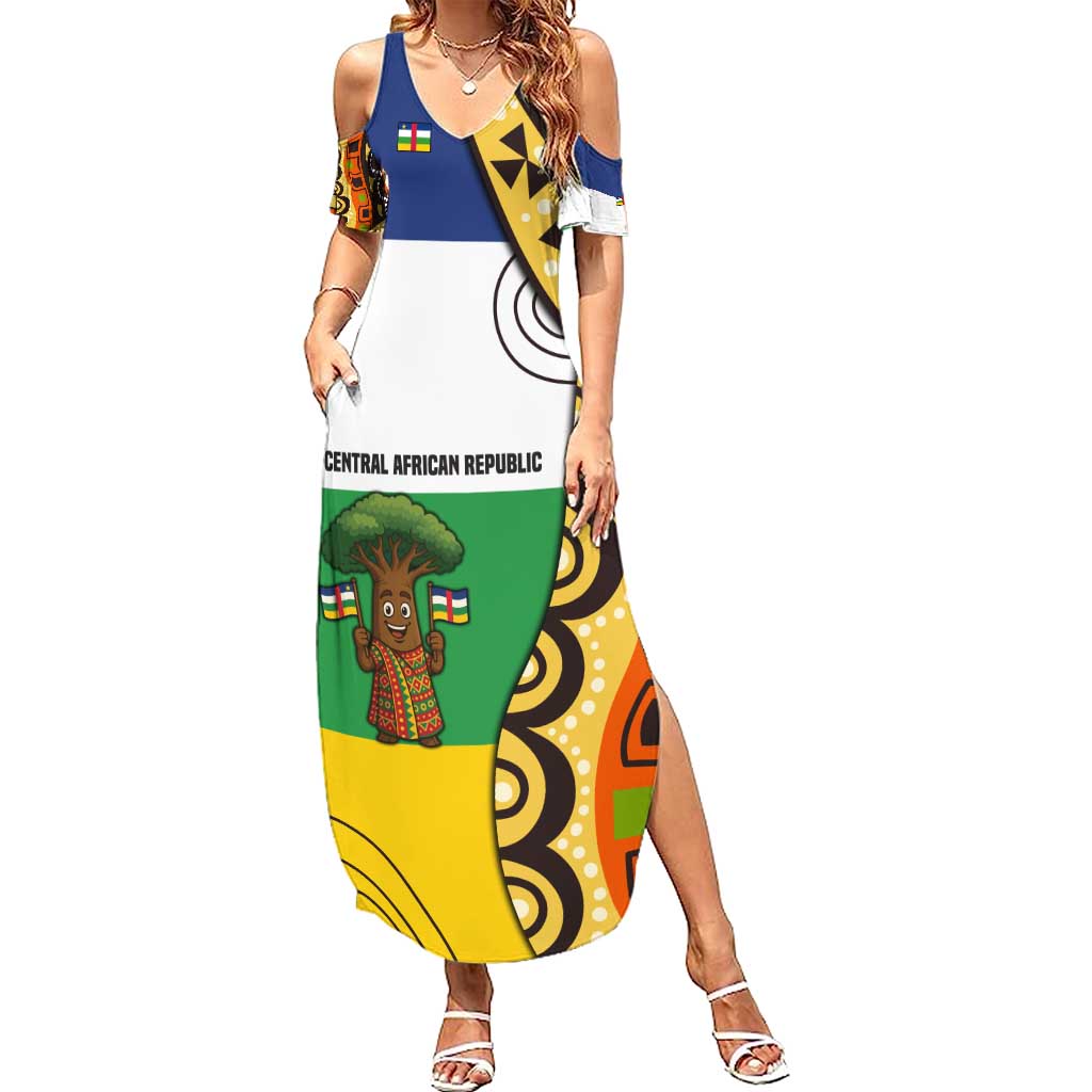 Central African Republic Summer Maxi Dress with Cartoon Baobab Design and Flag Pattern - Wonder Print Shop