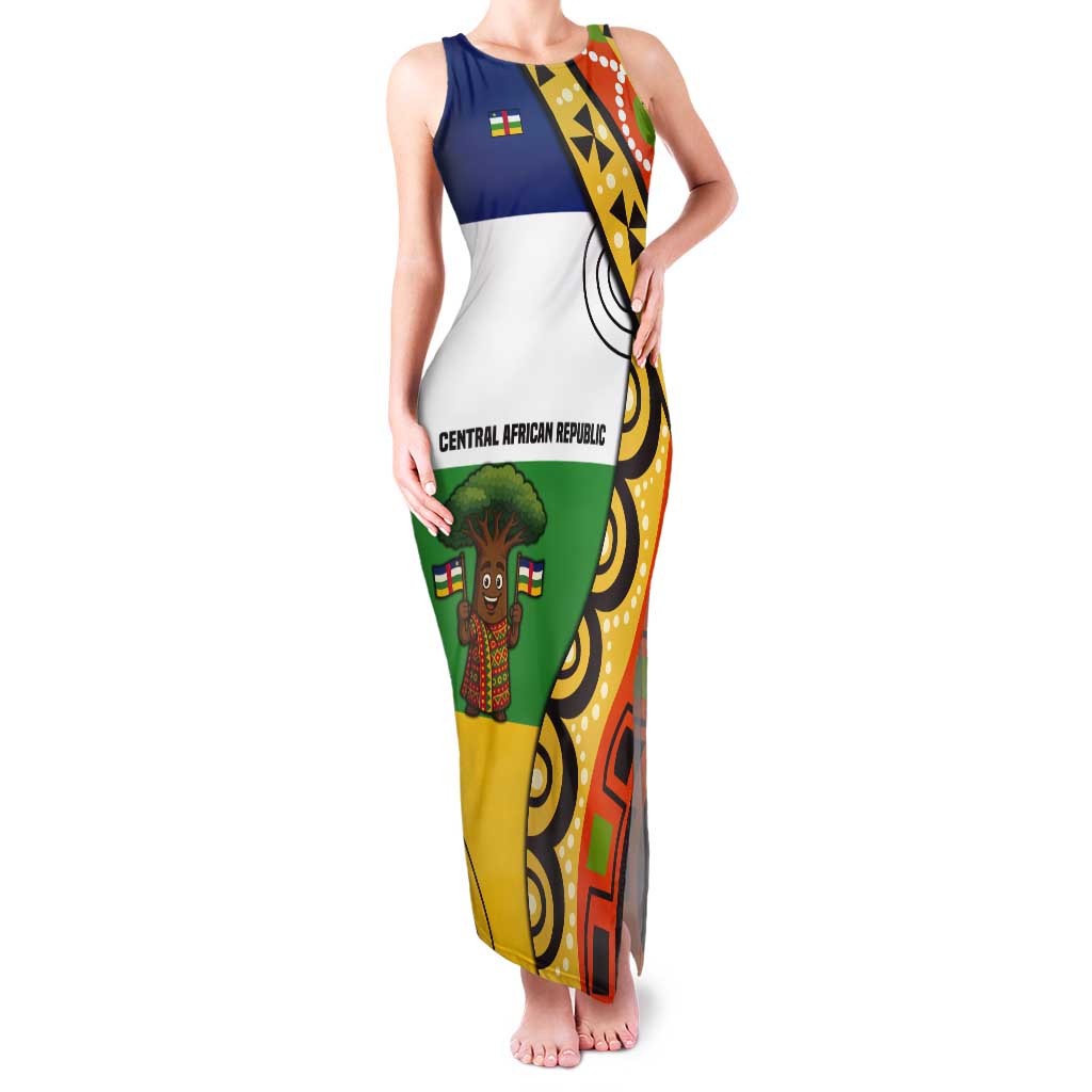 Central African Republic Tank Maxi Dress with Cartoon Baobab Design and Flag Pattern - Wonder Print Shop