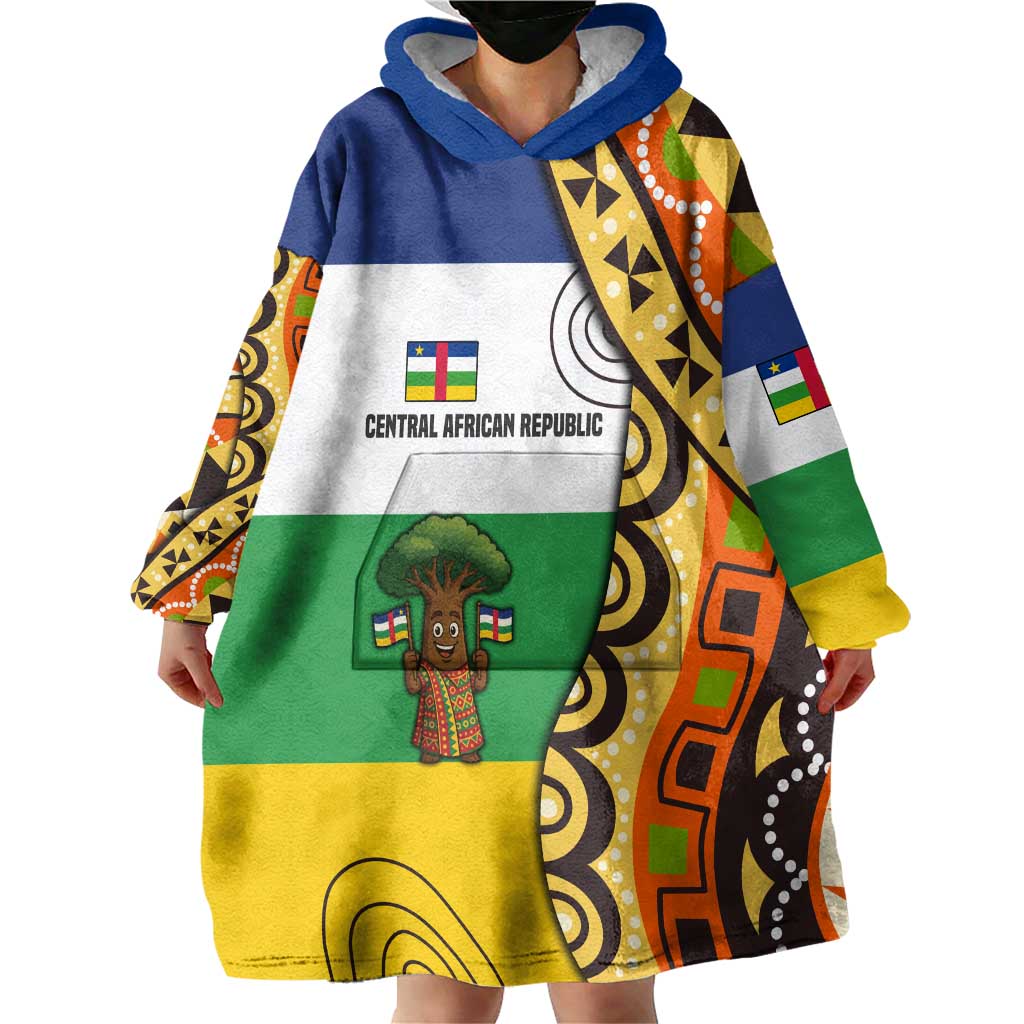 Central African Republic Wearable Blanket Hoodie with Cartoon Baobab Design and Flag Pattern - Wonder Print Shop