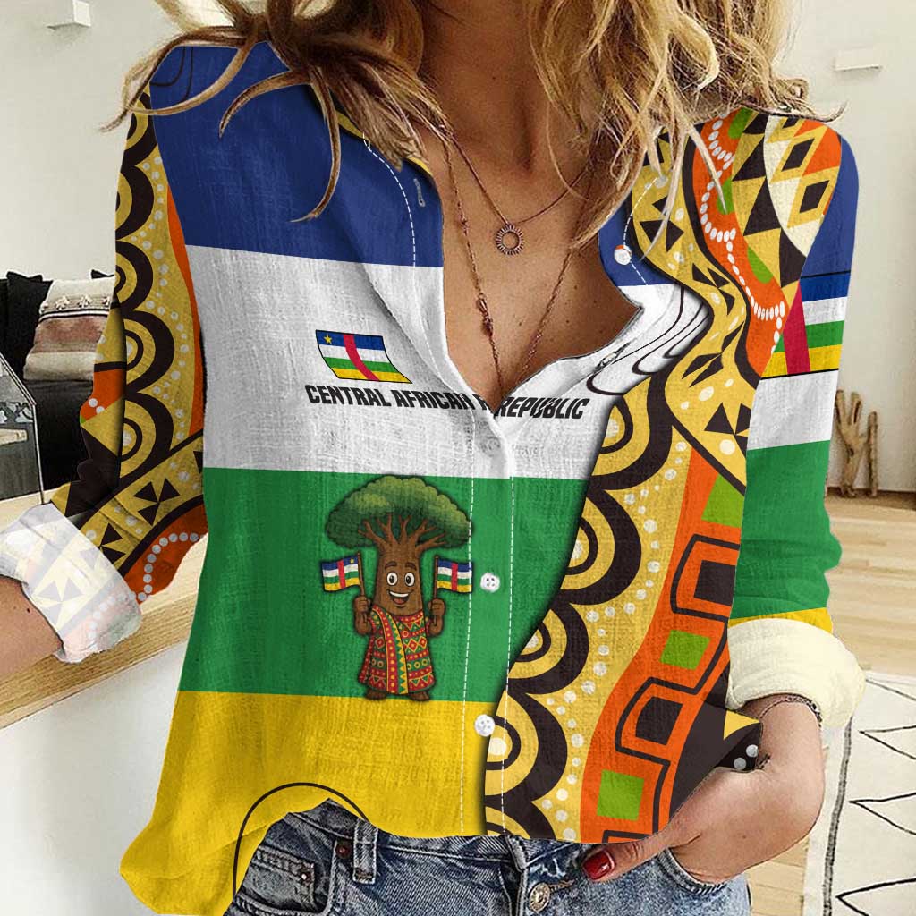 Central African Republic Women Casual Shirt with Cartoon Baobab Design and Flag Pattern - Wonder Print Shop