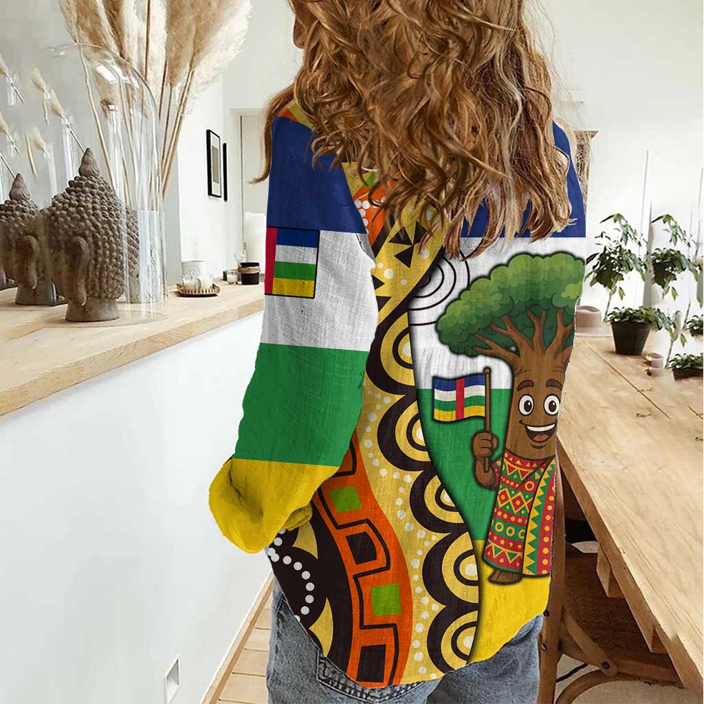 Central African Republic Women Casual Shirt with Cartoon Baobab Design and Flag Pattern - Wonder Print Shop