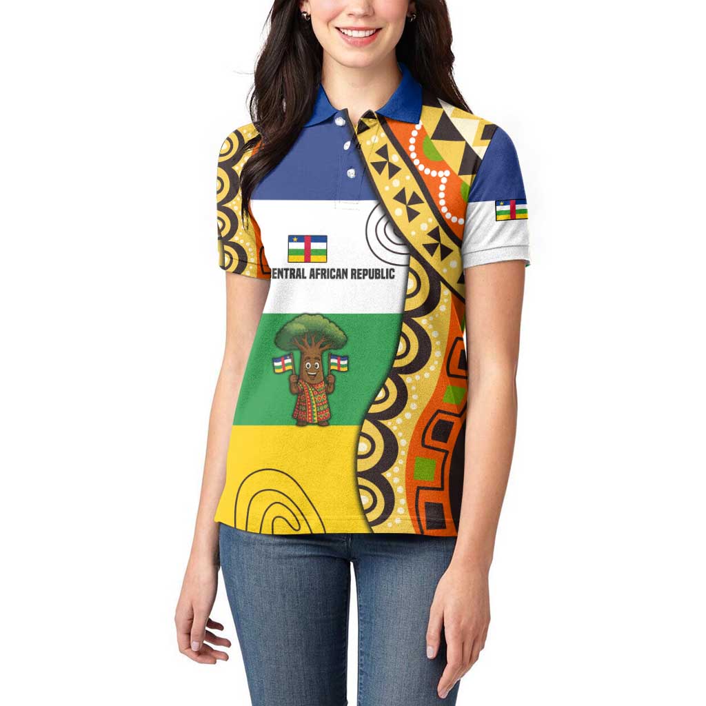 Central African Republic Women Polo Shirt with Cartoon Baobab Design and Flag Pattern - Wonder Print Shop
