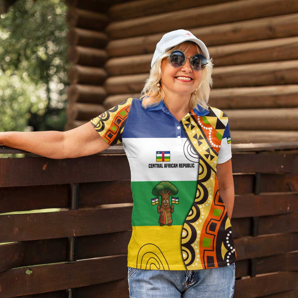 Central African Republic Women Polo Shirt with Cartoon Baobab Design and Flag Pattern - Wonder Print Shop