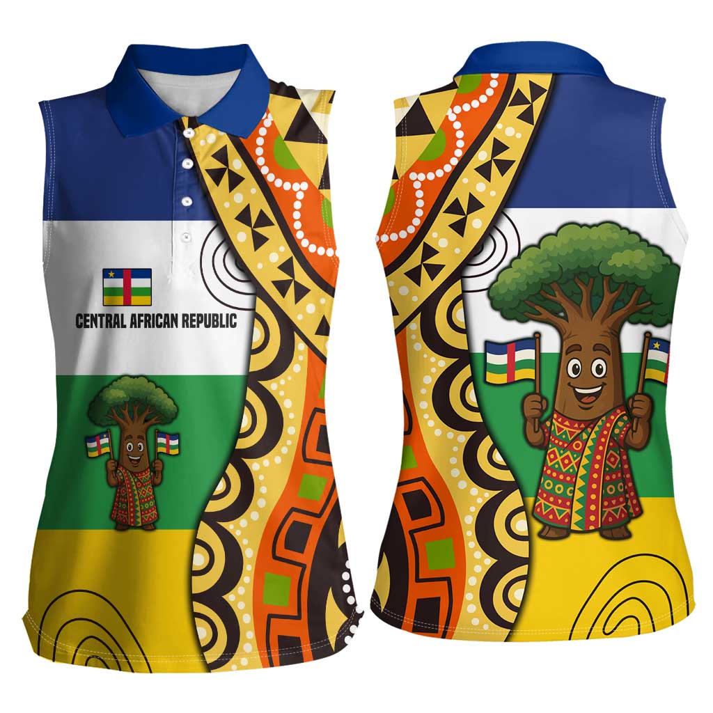 Central African Republic Women Sleeveless Polo Shirt with Cartoon Baobab Design and Flag Pattern - Wonder Print Shop