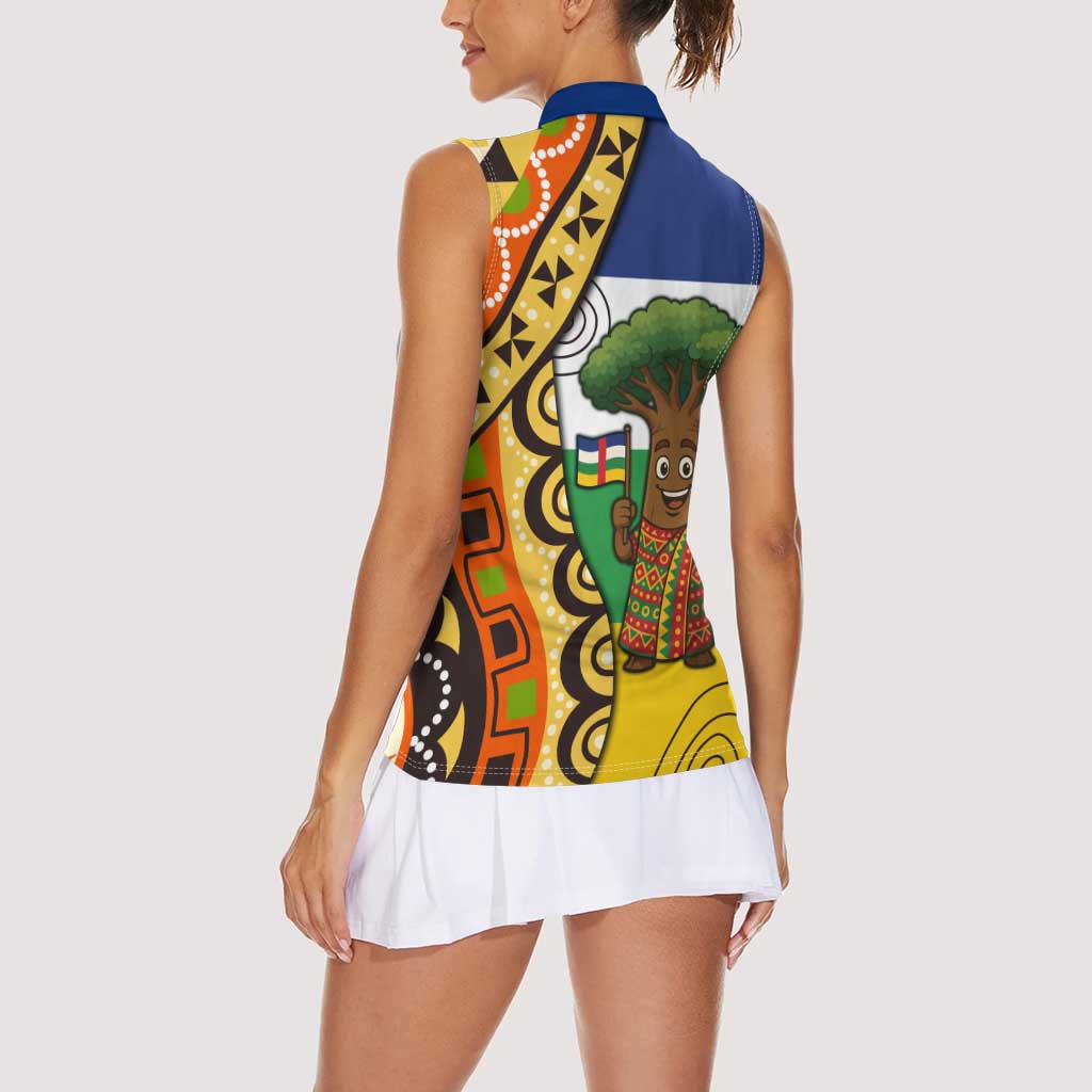 Central African Republic Women Sleeveless Polo Shirt with Cartoon Baobab Design and Flag Pattern - Wonder Print Shop