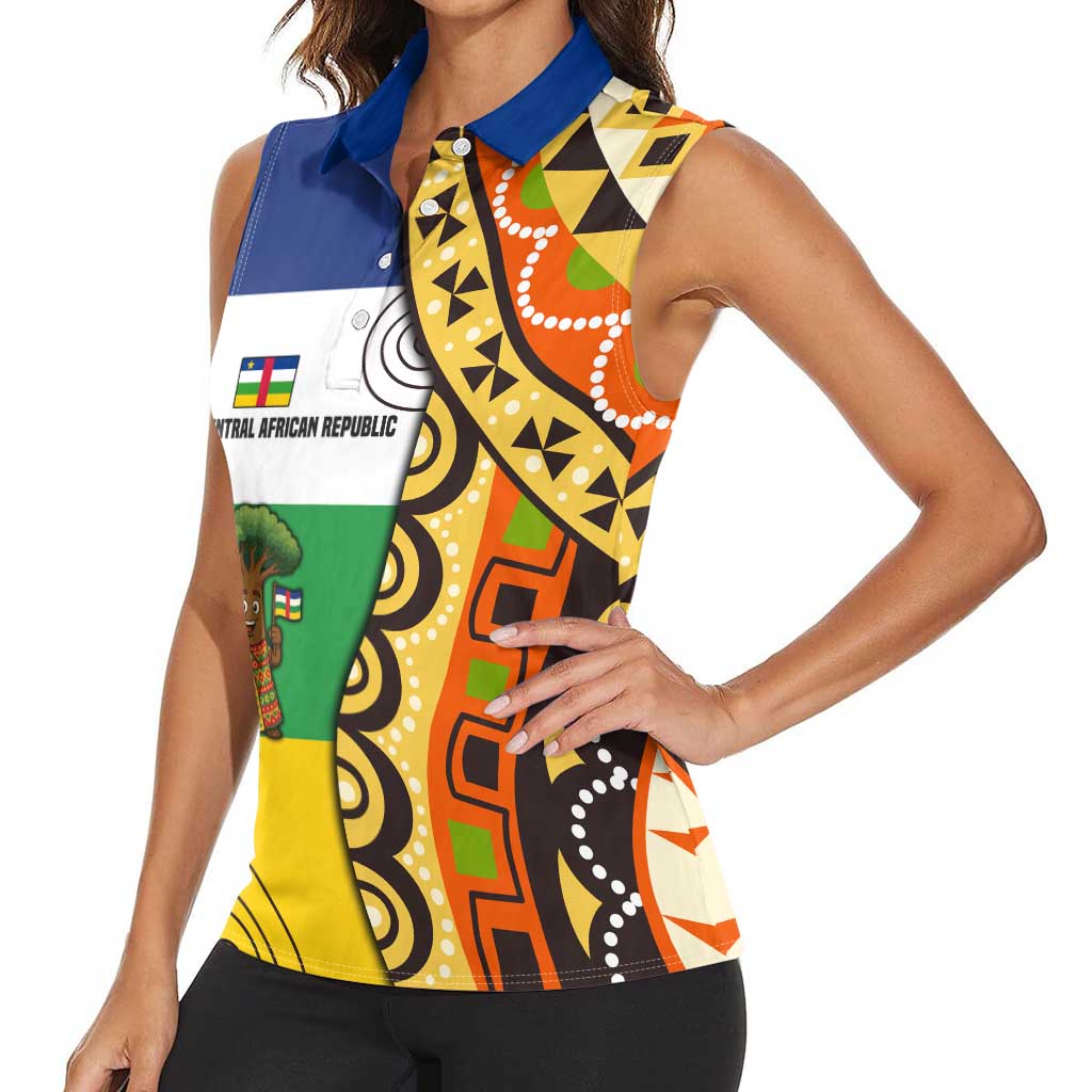 Central African Republic Women Sleeveless Polo Shirt with Cartoon Baobab Design and Flag Pattern - Wonder Print Shop