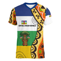 Central African Republic Women V-Neck T-Shirt with Cartoon Baobab Design and Flag Pattern - Wonder Print Shop