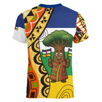 Central African Republic Women V-Neck T-Shirt with Cartoon Baobab Design and Flag Pattern - Wonder Print Shop