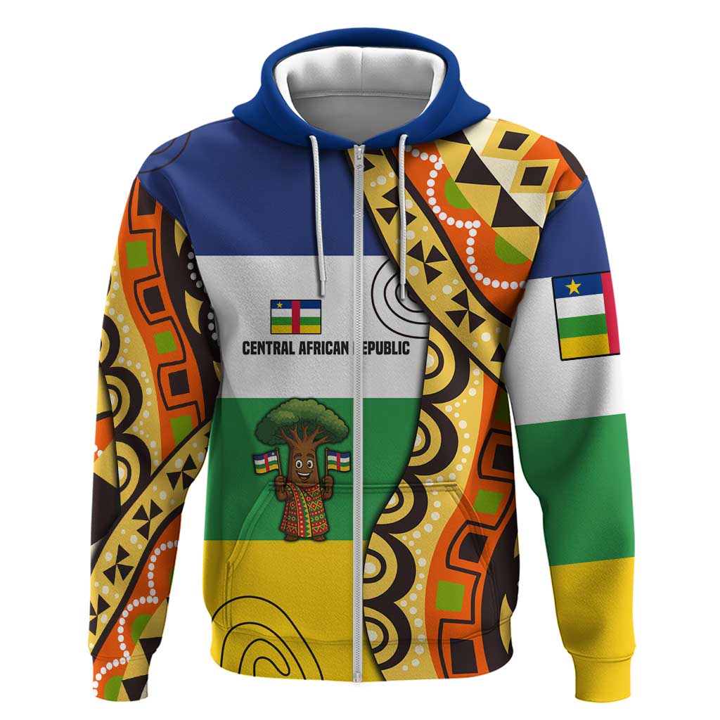 Central African Republic Zip Hoodie with Cartoon Baobab Design and Flag Pattern - Wonder Print Shop