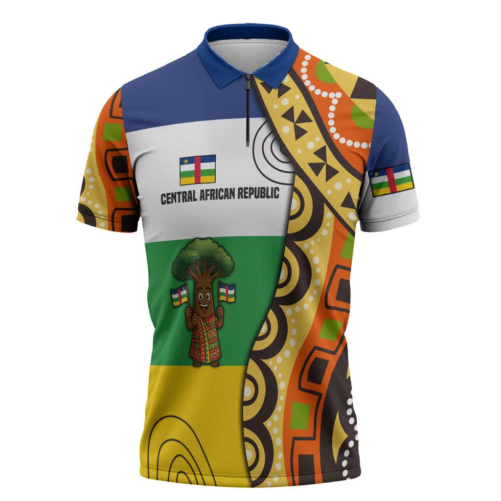 Central African Republic Zipper Polo Shirt with Cartoon Baobab Design and Flag Pattern - Wonder Print Shop
