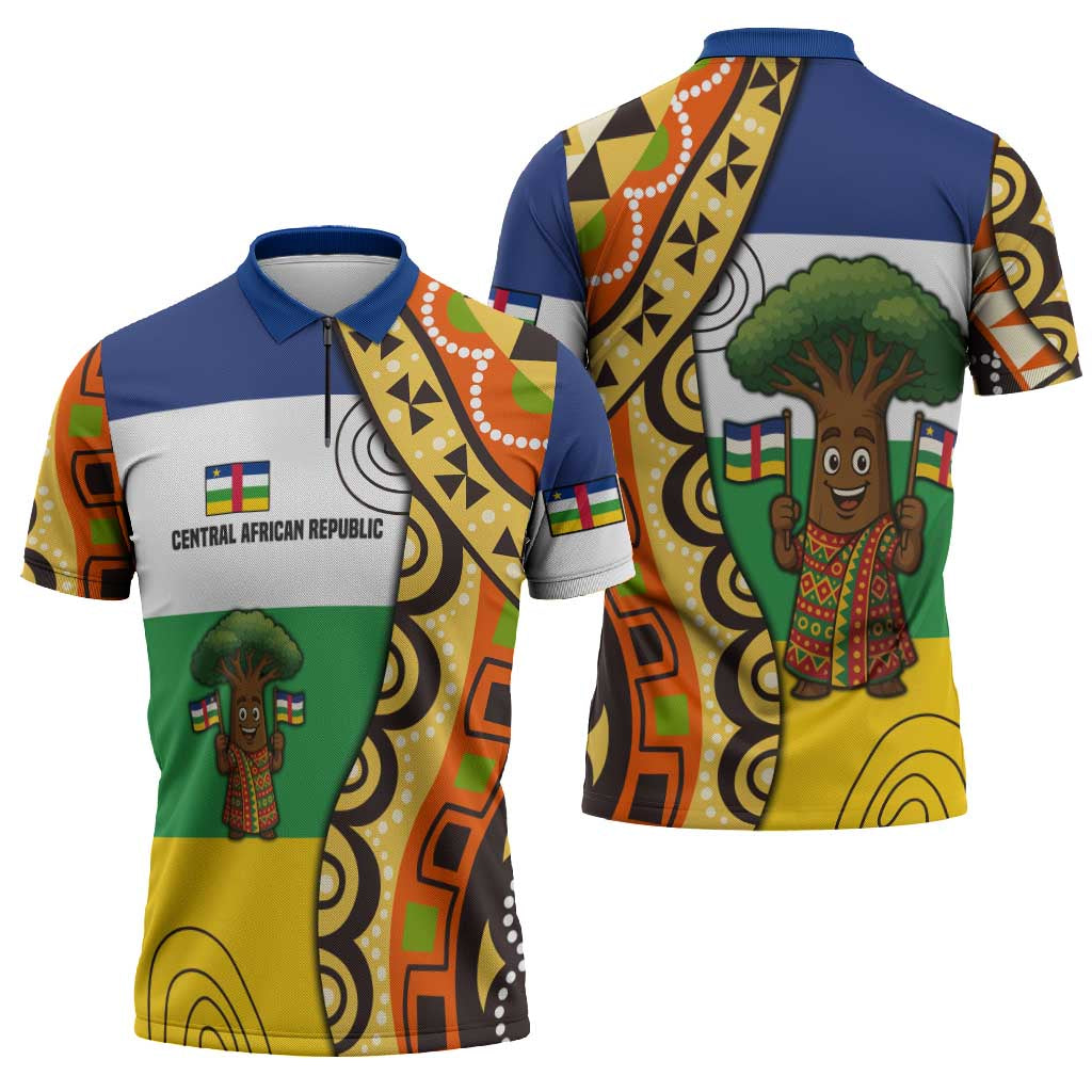Central African Republic Zipper Polo Shirt with Cartoon Baobab Design and Flag Pattern - Wonder Print Shop