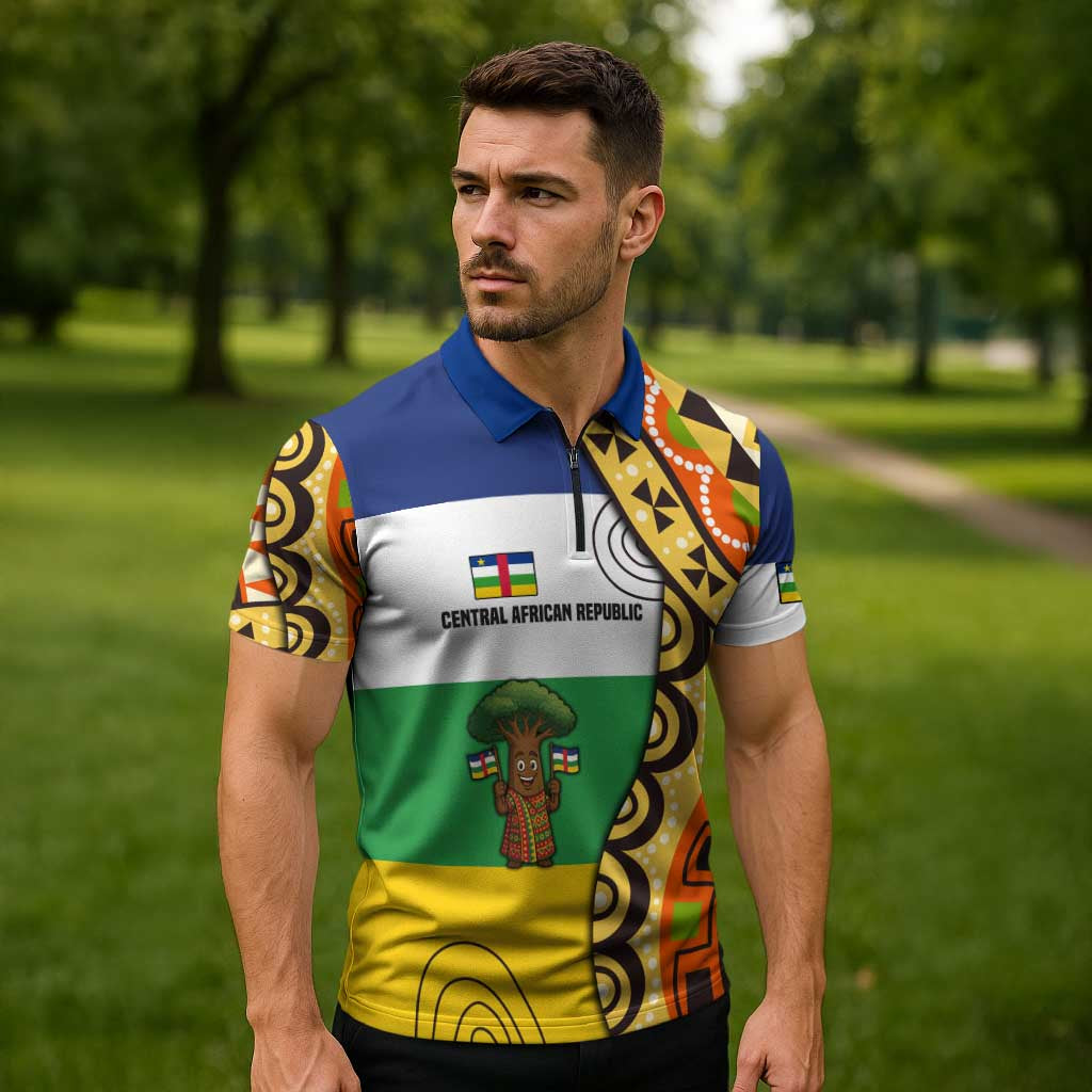Central African Republic Zipper Polo Shirt with Cartoon Baobab Design and Flag Pattern - Wonder Print Shop