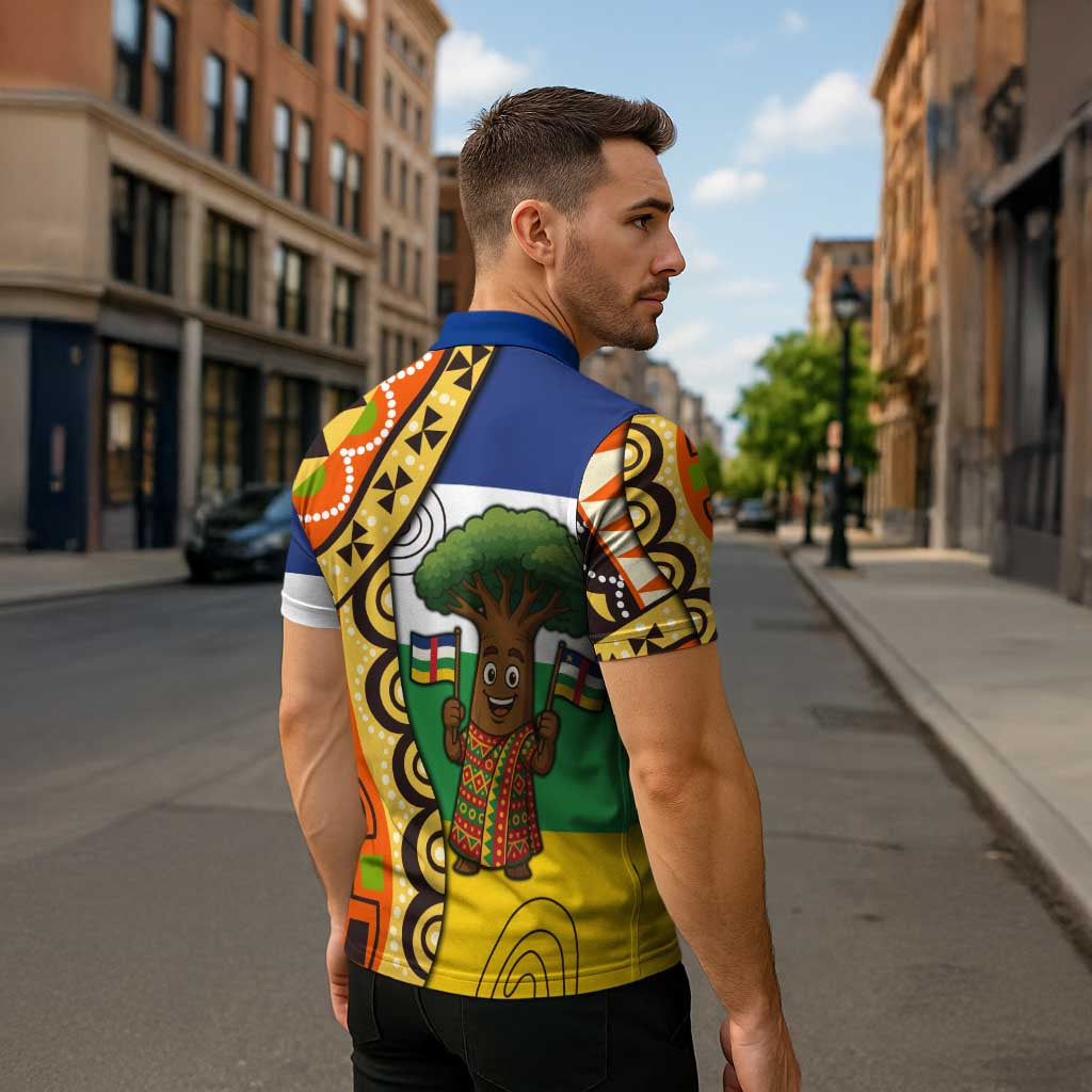 Central African Republic Zipper Polo Shirt with Cartoon Baobab Design and Flag Pattern - Wonder Print Shop