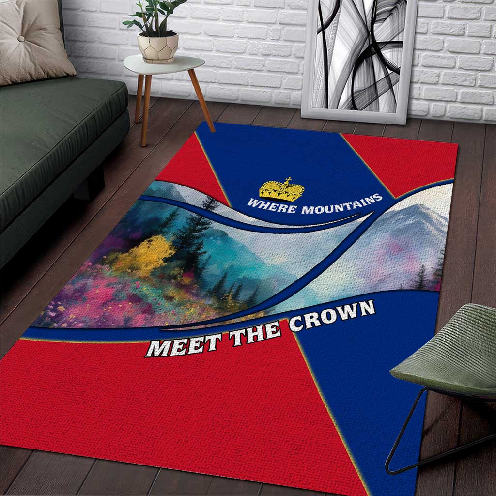 Liechtenstein Area Rug with Red Blue Mountain Landscape Design and Crown Emblem - Wonder Print Shop