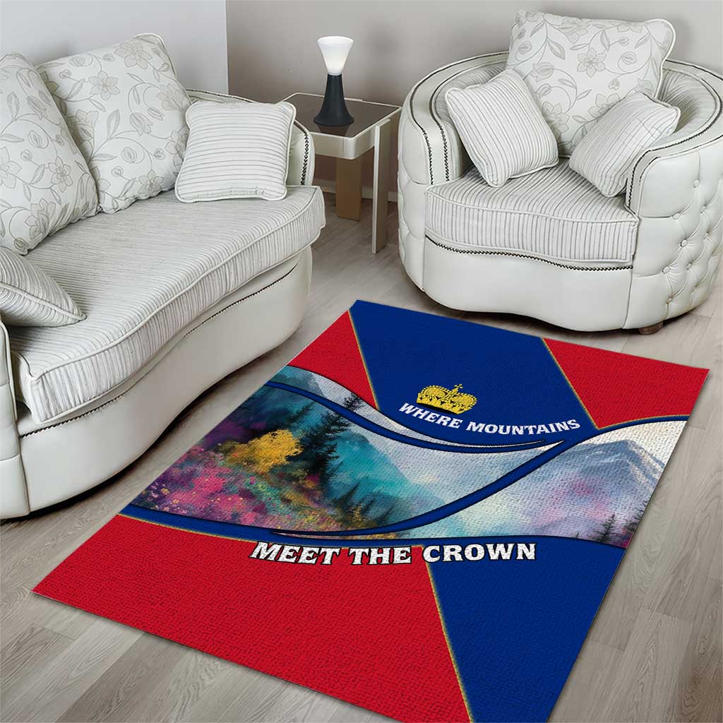 Liechtenstein Area Rug with Red Blue Mountain Landscape Design and Crown Emblem - Wonder Print Shop