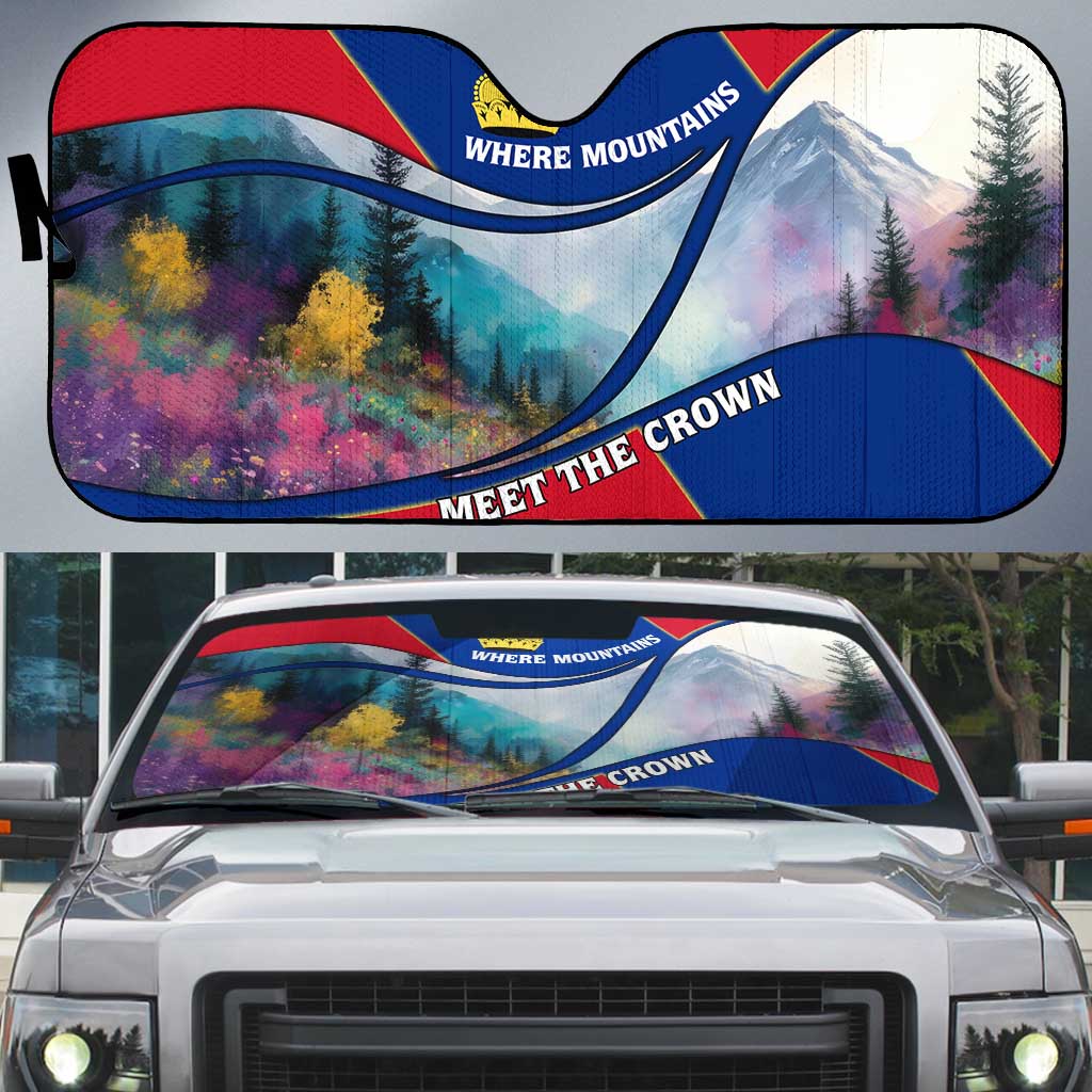 Liechtenstein Auto Sun Shade with Red Blue Mountain Landscape Design and Crown Emblem - Wonder Print Shop