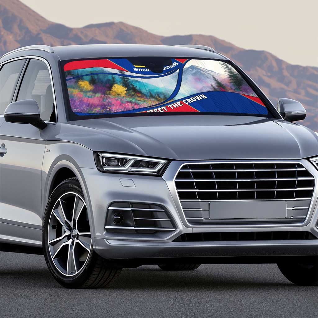 Liechtenstein Auto Sun Shade with Red Blue Mountain Landscape Design and Crown Emblem - Wonder Print Shop