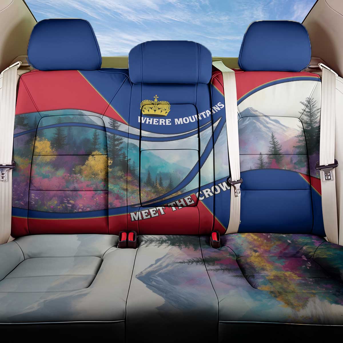 Liechtenstein Back Car Seat Cover with Red Blue Mountain Landscape Design and Crown Emblem - Wonder Print Shop