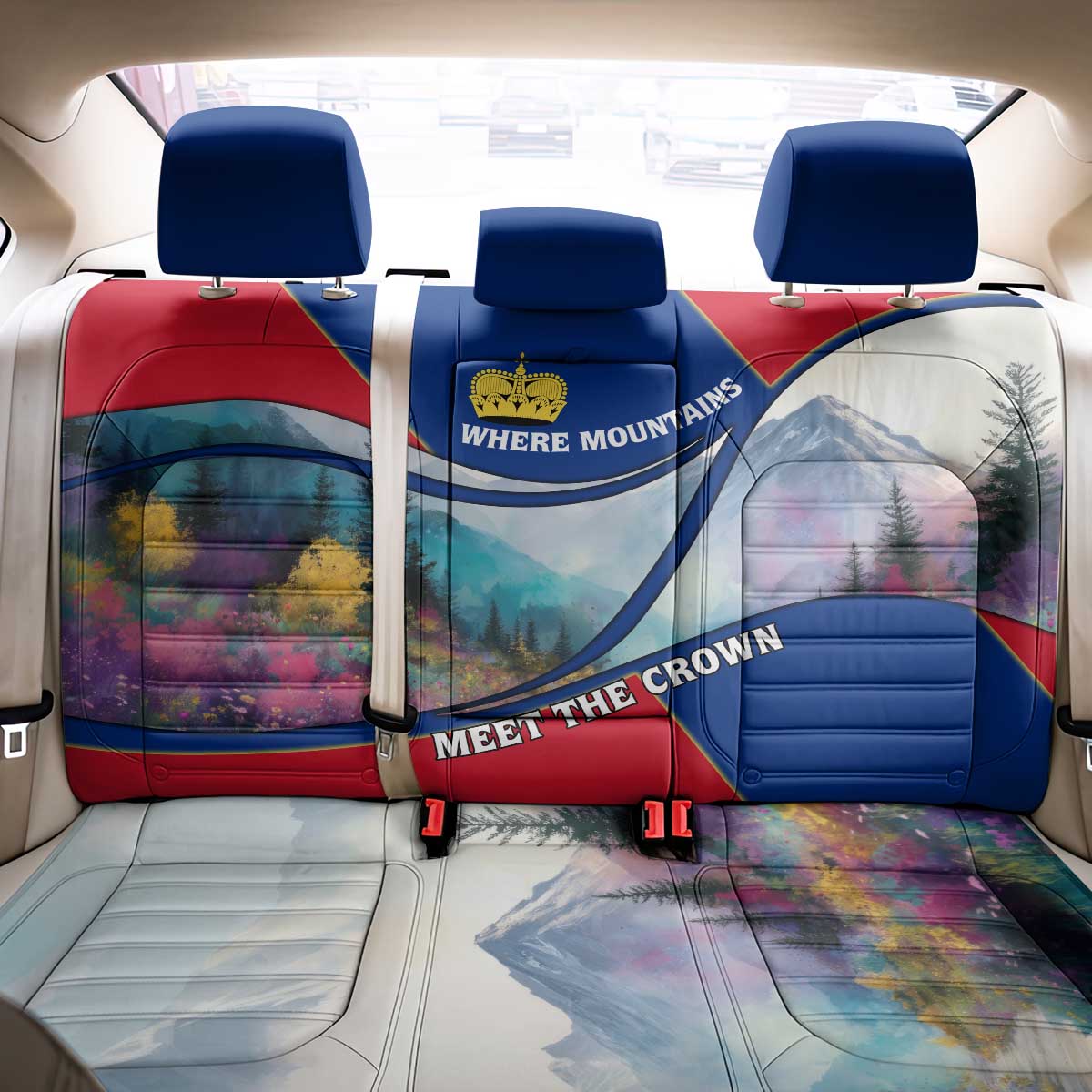 Liechtenstein Back Car Seat Cover with Red Blue Mountain Landscape Design and Crown Emblem - Wonder Print Shop