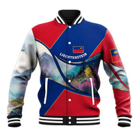 Liechtenstein Baseball Jacket with Red Blue Mountain Landscape Design and Crown Emblem - Wonder Print Shop