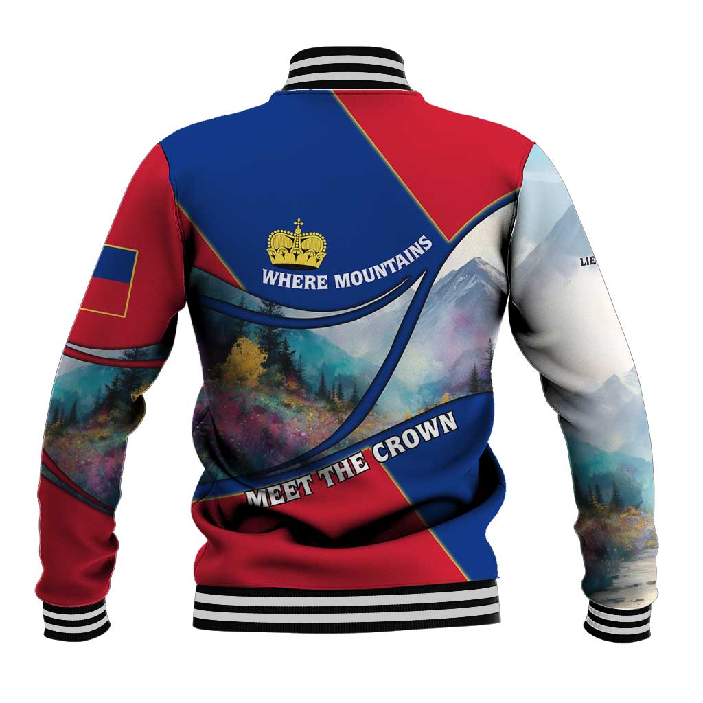 Liechtenstein Baseball Jacket with Red Blue Mountain Landscape Design and Crown Emblem - Wonder Print Shop