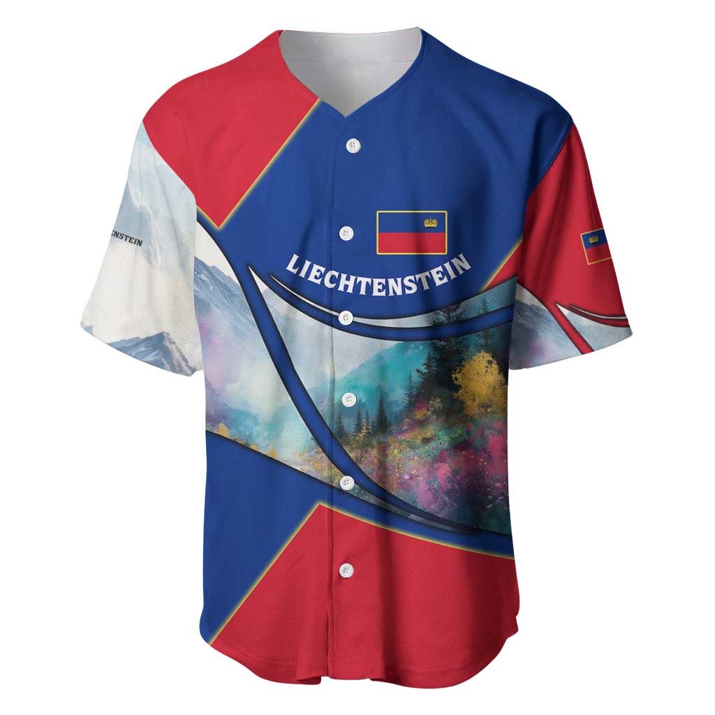 Liechtenstein Baseball Jersey with Red Blue Mountain Landscape Design and Crown Emblem - Wonder Print Shop