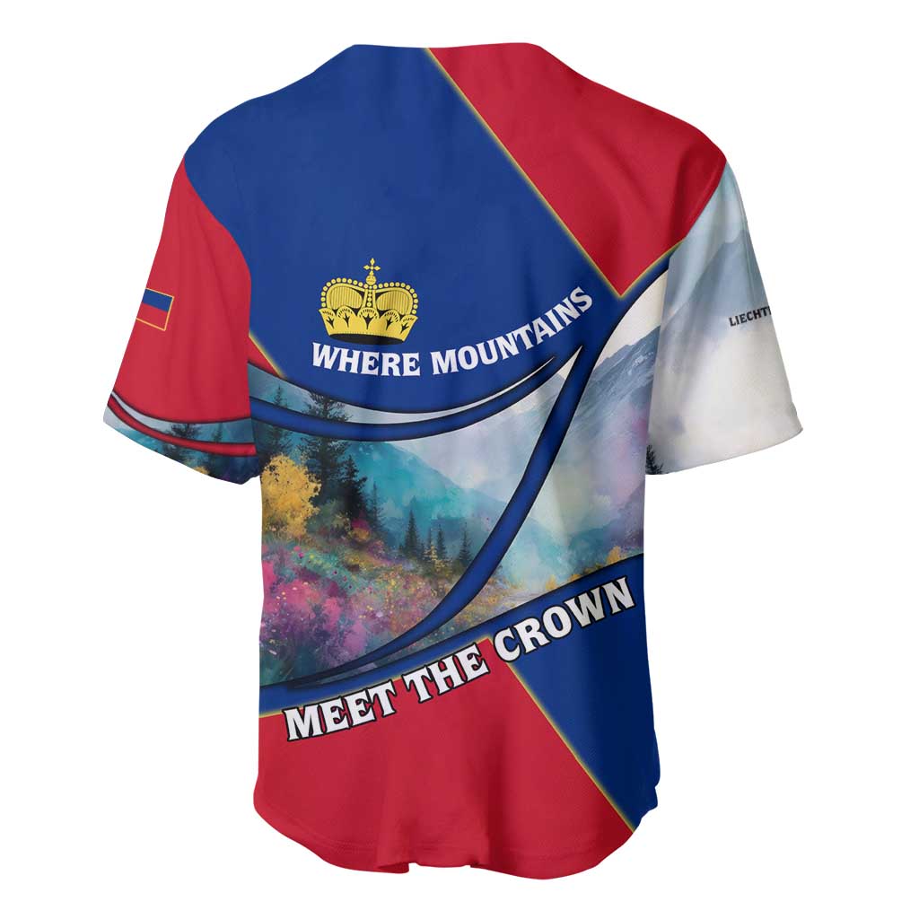 Liechtenstein Baseball Jersey with Red Blue Mountain Landscape Design and Crown Emblem - Wonder Print Shop