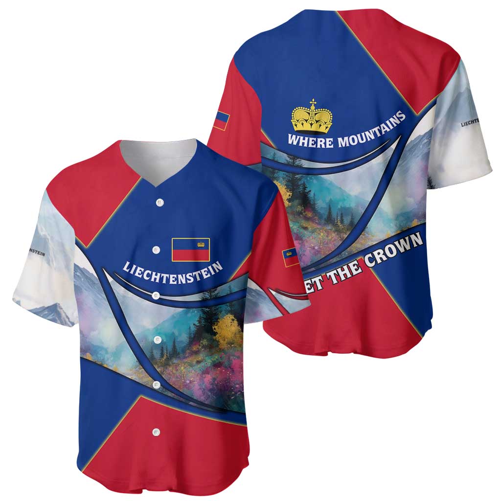 Liechtenstein Baseball Jersey with Red Blue Mountain Landscape Design and Crown Emblem - Wonder Print Shop