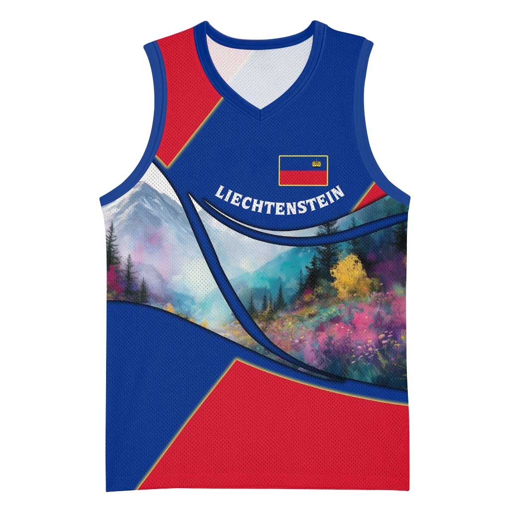 Liechtenstein Basketball Jersey with Red Blue Mountain Landscape Design and Crown Emblem - Wonder Print Shop
