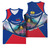Liechtenstein Basketball Jersey with Red Blue Mountain Landscape Design and Crown Emblem - Wonder Print Shop