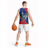 Liechtenstein Basketball Jersey with Red Blue Mountain Landscape Design and Crown Emblem - Wonder Print Shop