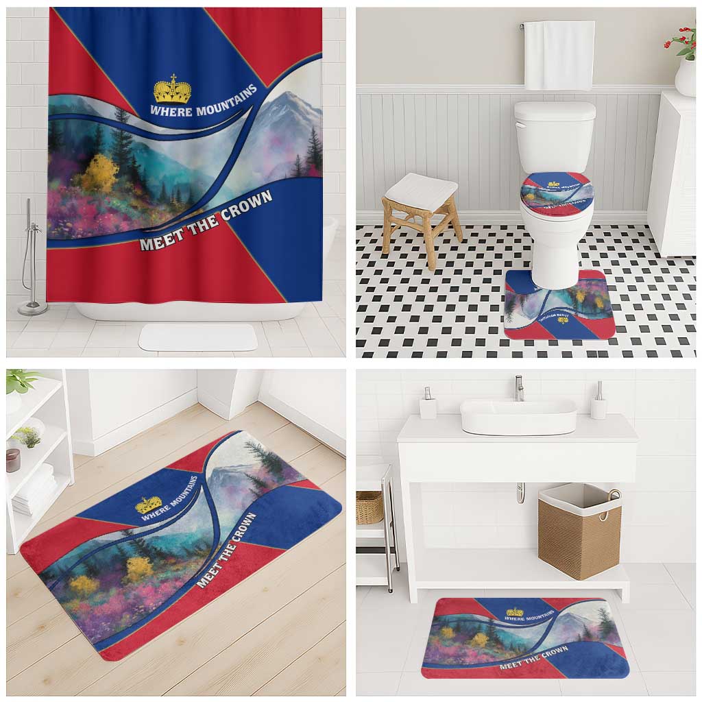 Liechtenstein Bathroom Set with Red Blue Mountain Landscape Design and Crown Emblem - Wonder Print Shop