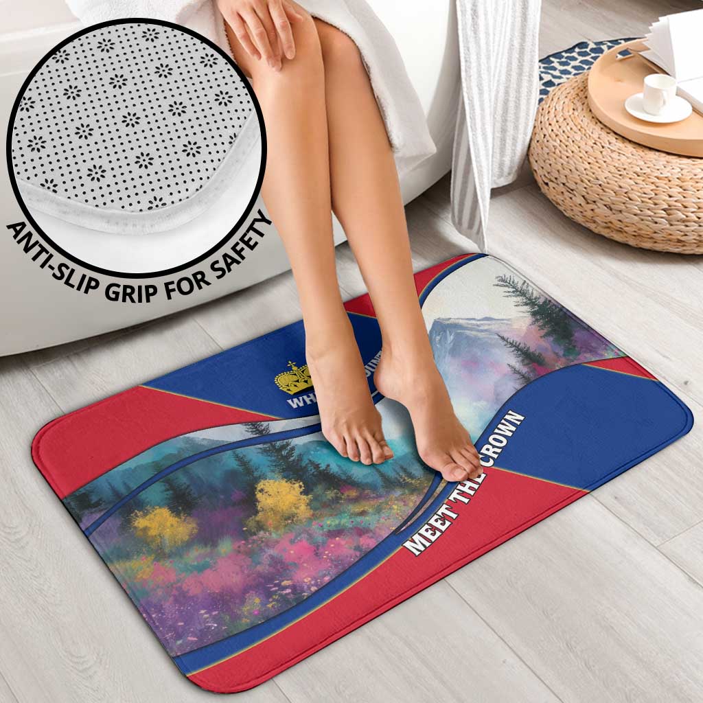 Liechtenstein Bathroom Set with Red Blue Mountain Landscape Design and Crown Emblem - Wonder Print Shop