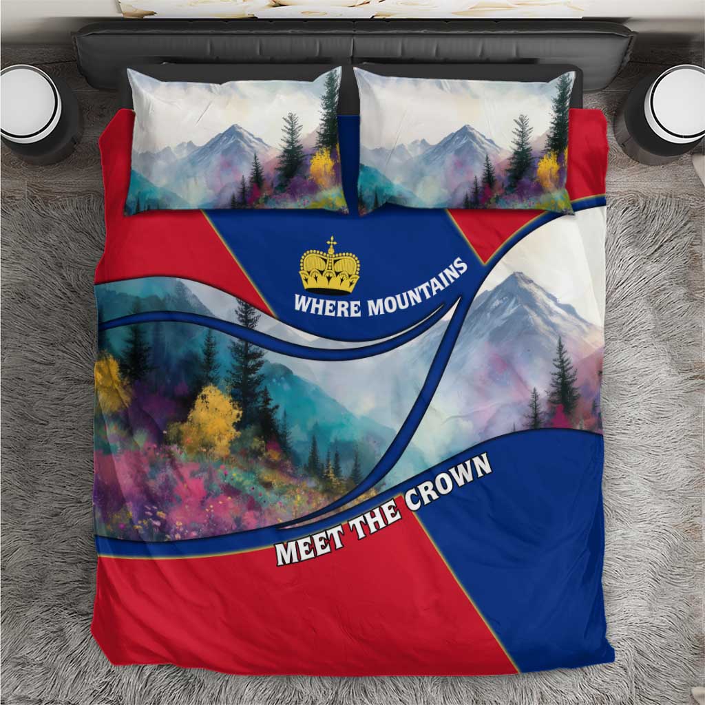 Liechtenstein Bedding Set with Red Blue Mountain Landscape Design and Crown Emblem - Wonder Print Shop