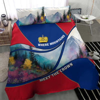 Liechtenstein Bedding Set with Red Blue Mountain Landscape Design and Crown Emblem - Wonder Print Shop