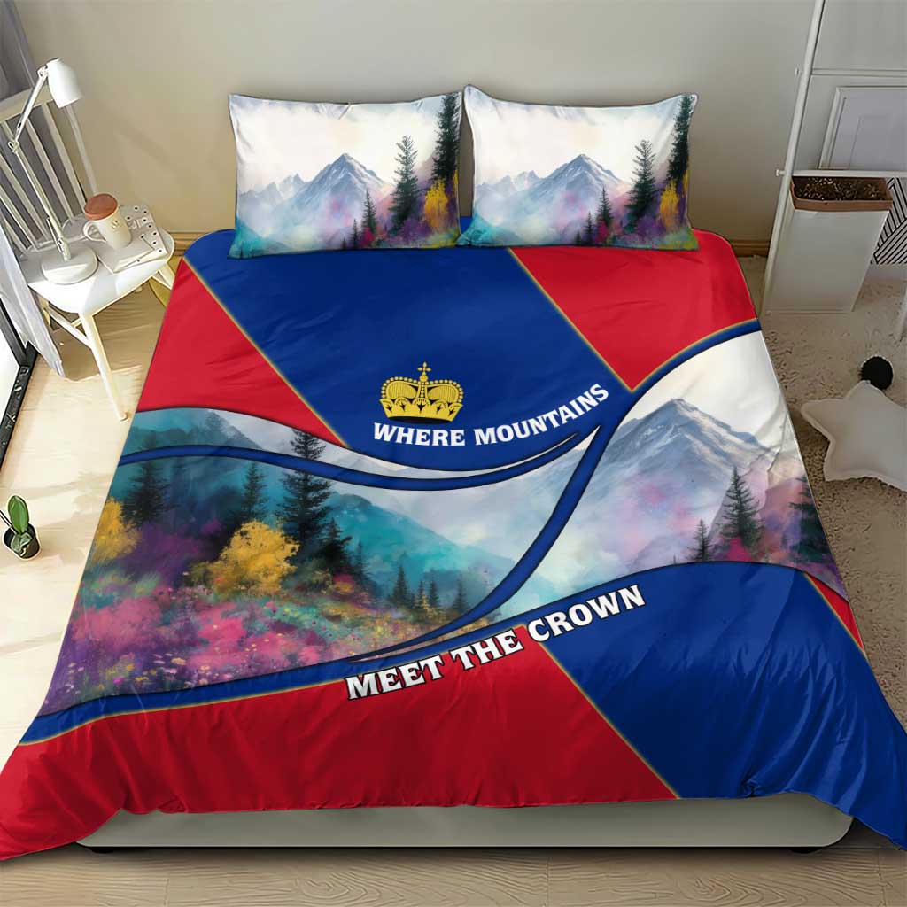 Liechtenstein Bedding Set with Red Blue Mountain Landscape Design and Crown Emblem - Wonder Print Shop