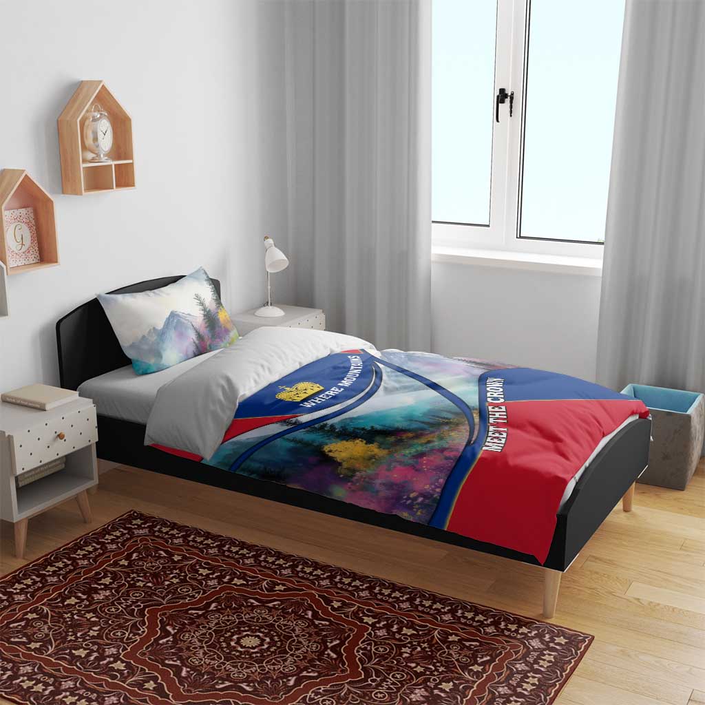 Liechtenstein Bedding Set with Red Blue Mountain Landscape Design and Crown Emblem - Wonder Print Shop