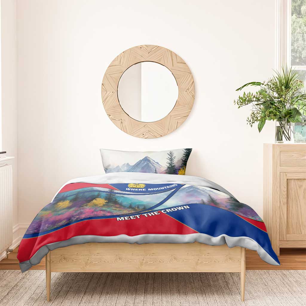 Liechtenstein Bedding Set with Red Blue Mountain Landscape Design and Crown Emblem - Wonder Print Shop