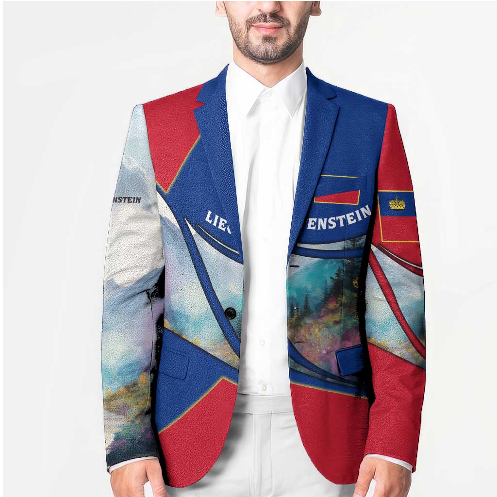 Liechtenstein Blazer with Red Blue Mountain Landscape Design and Crown Emblem - Wonder Print Shop