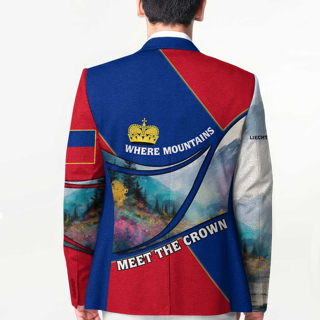 Liechtenstein Blazer with Red Blue Mountain Landscape Design and Crown Emblem - Wonder Print Shop