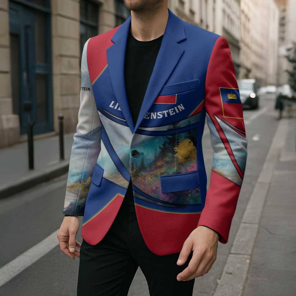 Liechtenstein Blazer with Red Blue Mountain Landscape Design and Crown Emblem - Wonder Print Shop