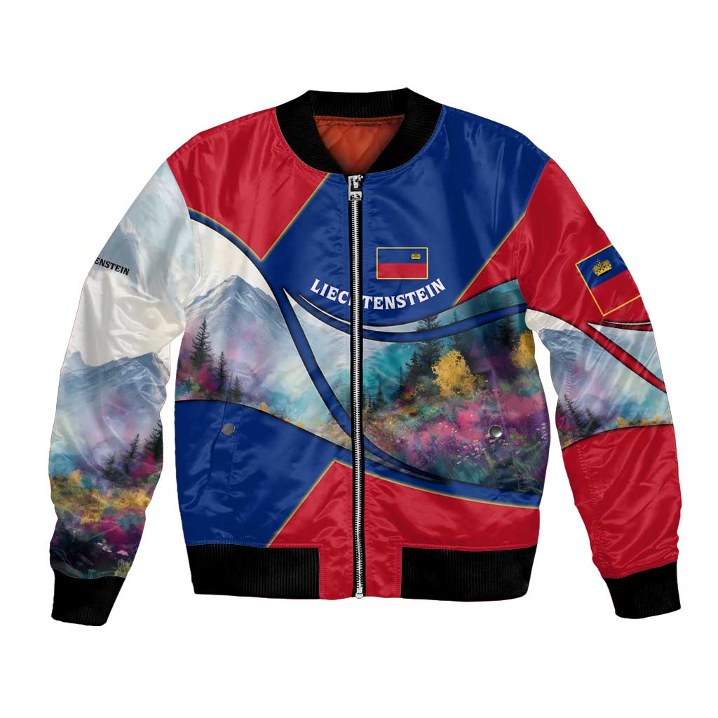 Liechtenstein Bomber Jacket with Red Blue Mountain Landscape Design and Crown Emblem - Wonder Print Shop
