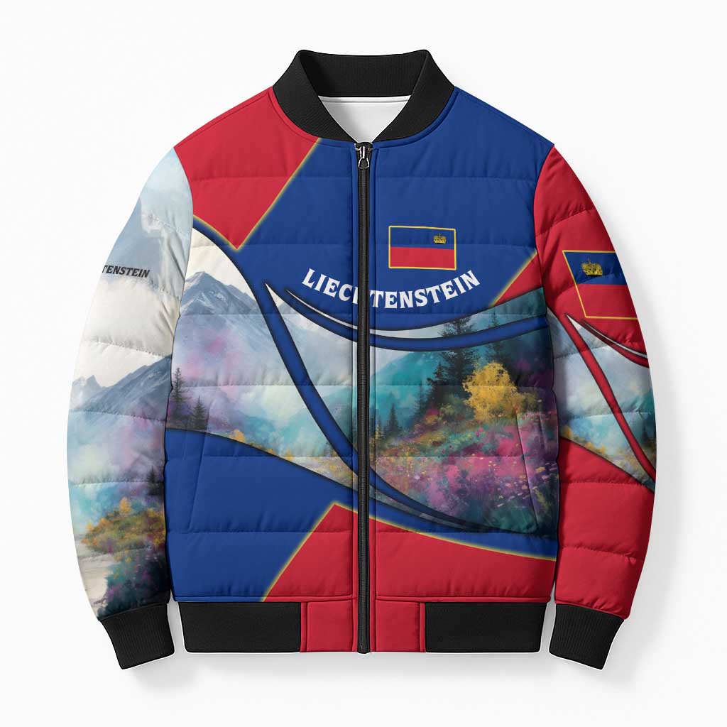 Liechtenstein Bomber Puffer Jacket with Red Blue Mountain Landscape Design and Crown Emblem - Wonder Print Shop