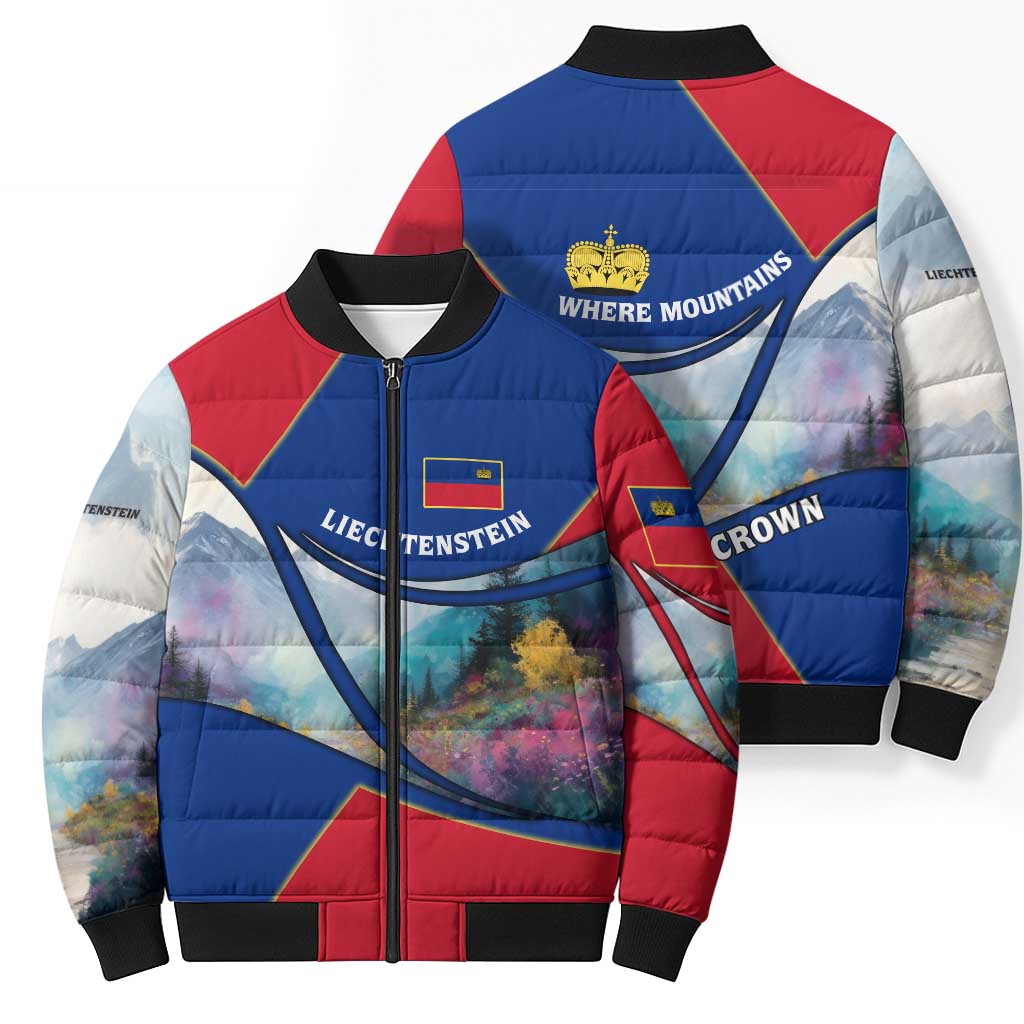 Liechtenstein Bomber Puffer Jacket with Red Blue Mountain Landscape Design and Crown Emblem - Wonder Print Shop