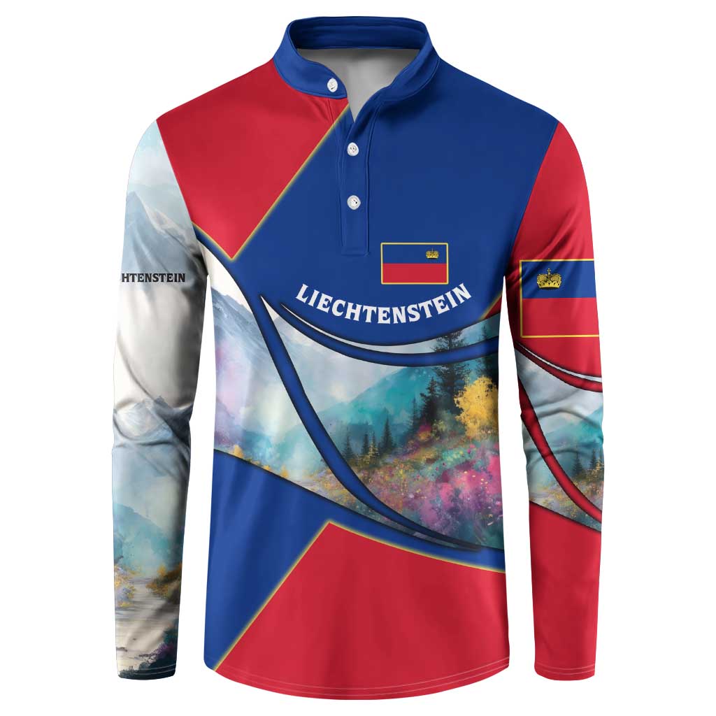 Liechtenstein Button Sweatshirt with Red Blue Mountain Landscape Design and Crown Emblem - Wonder Print Shop