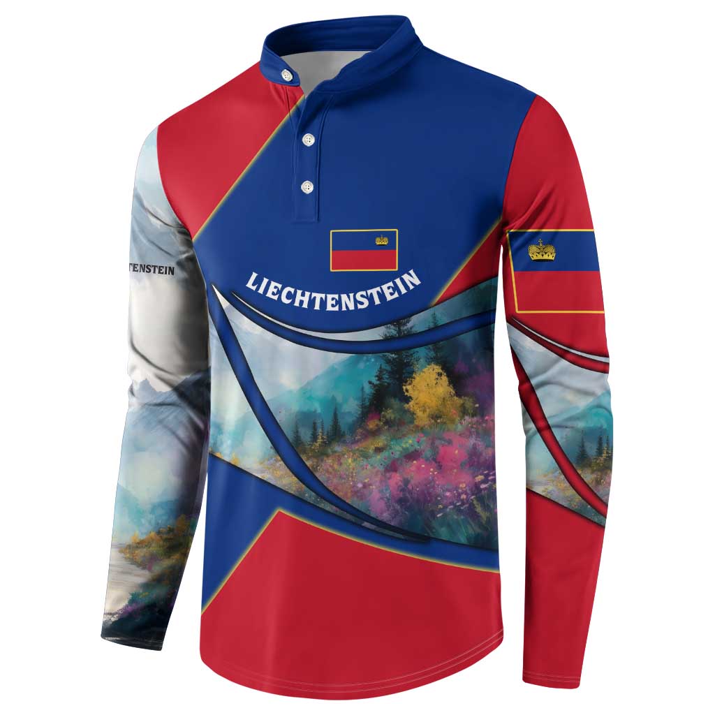 Liechtenstein Button Sweatshirt with Red Blue Mountain Landscape Design and Crown Emblem - Wonder Print Shop