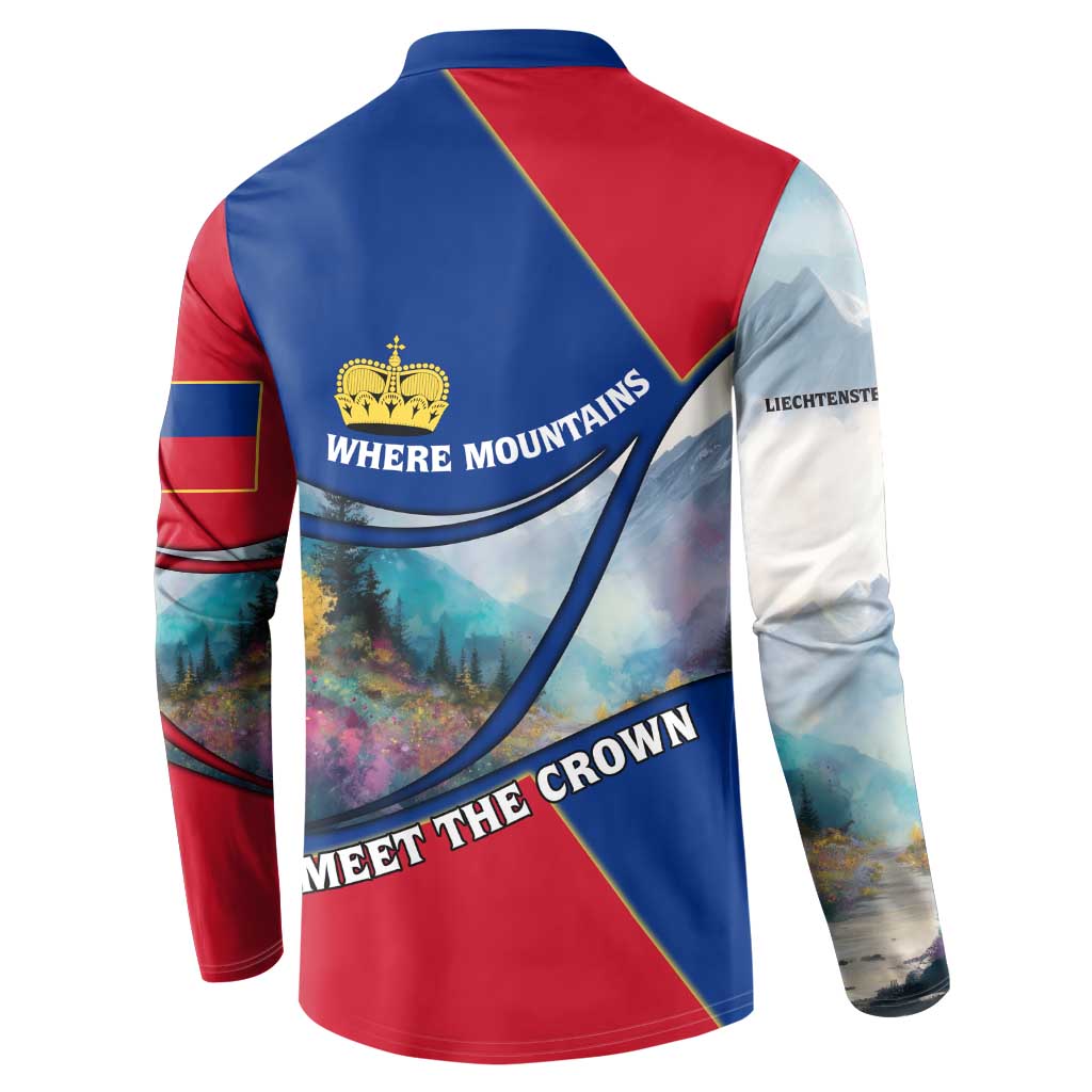 Liechtenstein Button Sweatshirt with Red Blue Mountain Landscape Design and Crown Emblem - Wonder Print Shop
