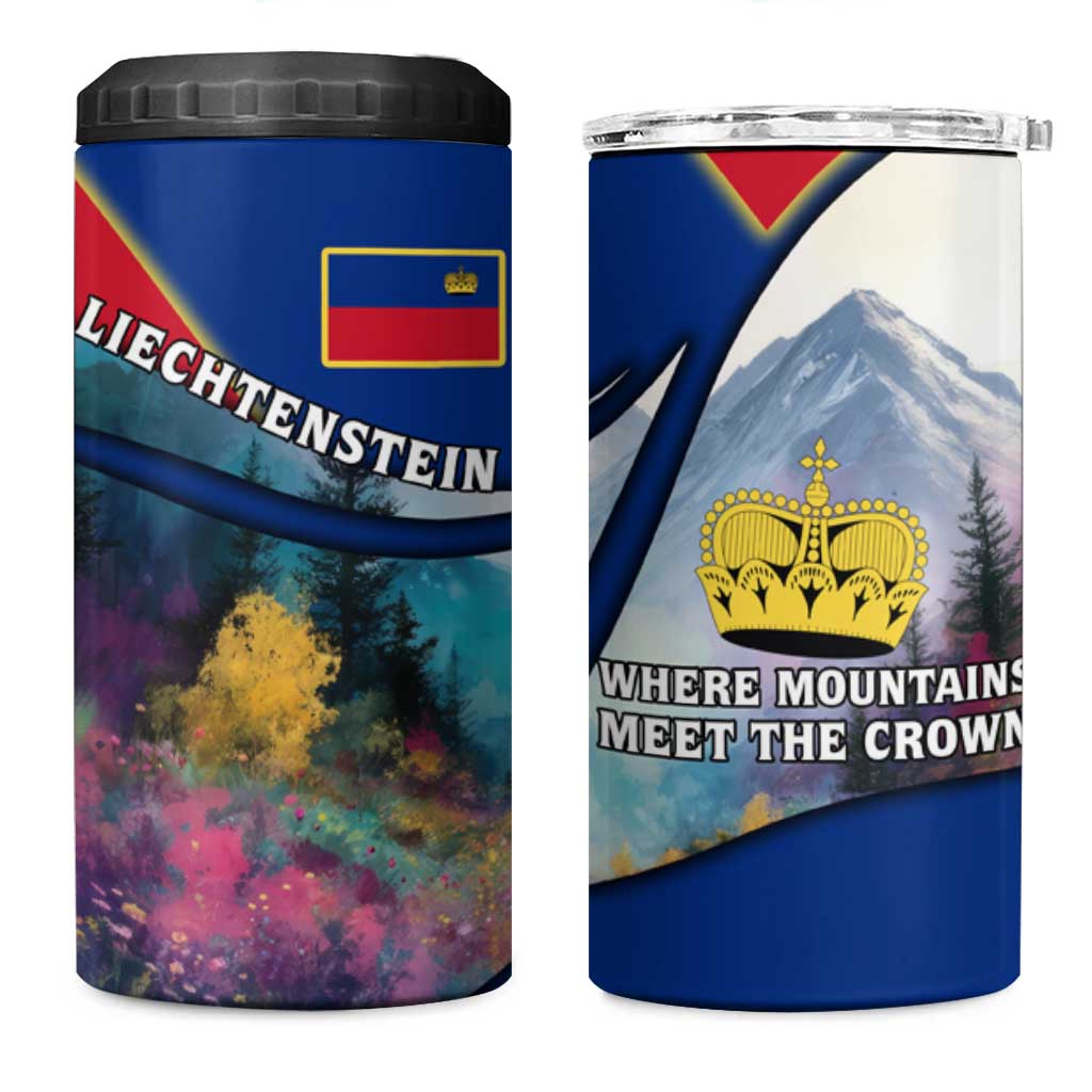 Liechtenstein 4 in 1 Can Cooler Tumbler with Red Blue Mountain Landscape Design and Crown Emblem - Wonder Print Shop